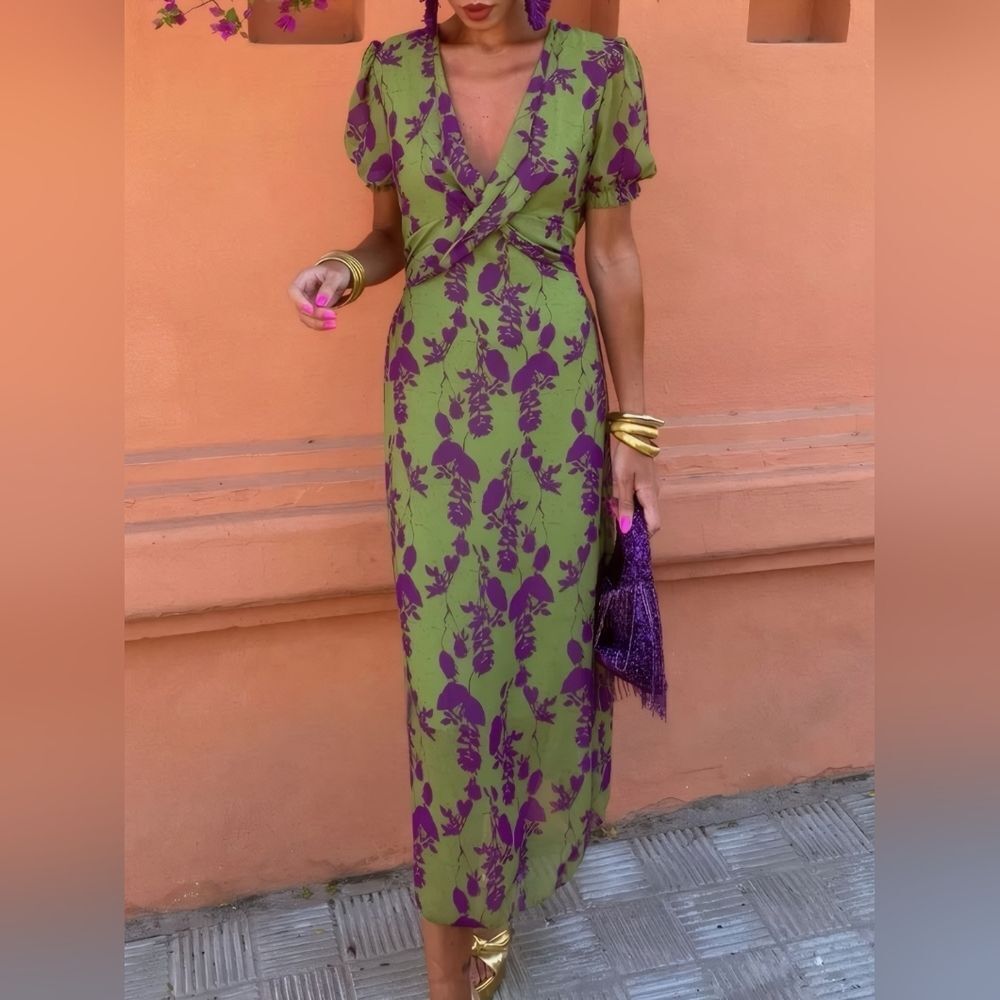 Floral Green and Purple Printed Plunge Short Sleeve Midi Dress